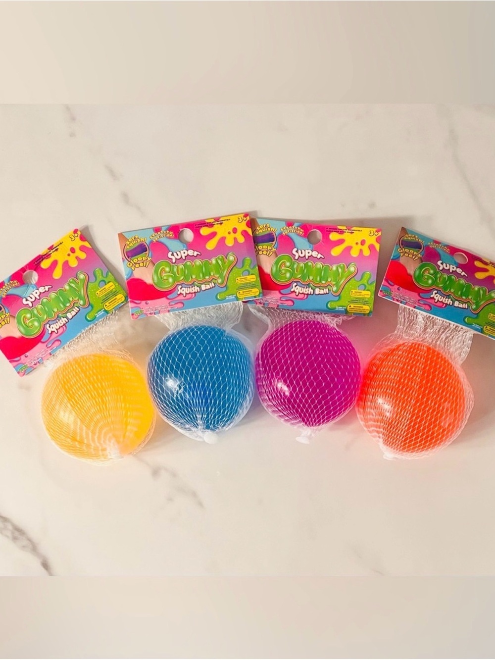 Super Gummy Squish Ball Set - Yellow, Blue, Pink, Orange -  Squishy